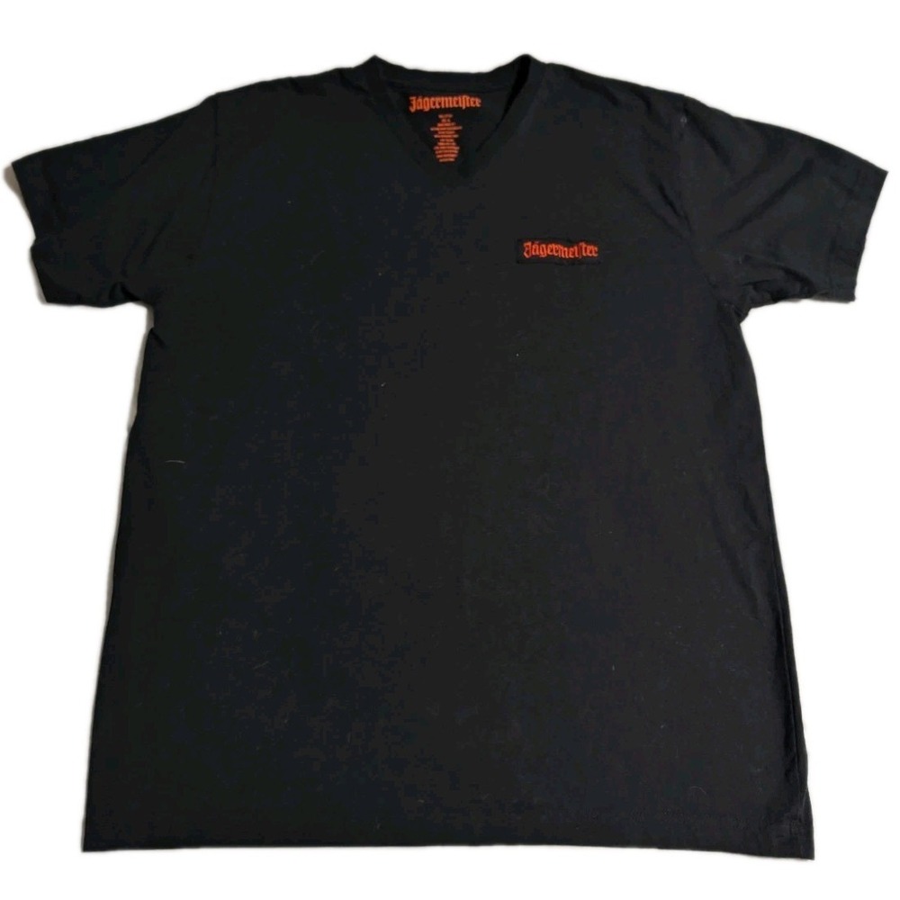 Jägermeister Black V-Neck T-Shirt‎ XL Orange Logo Stag Back Graphic